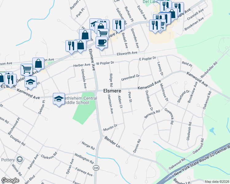 map of restaurants, bars, coffee shops, grocery stores, and more near 12 Harrison Avenue in Delmar