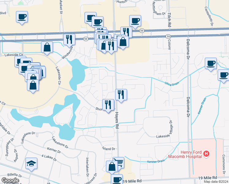 map of restaurants, bars, coffee shops, grocery stores, and more near 44197 Hayes Road in Sterling Heights