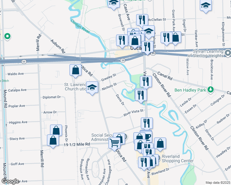 map of restaurants, bars, coffee shops, grocery stores, and more near 44477 Davis Drive in Utica