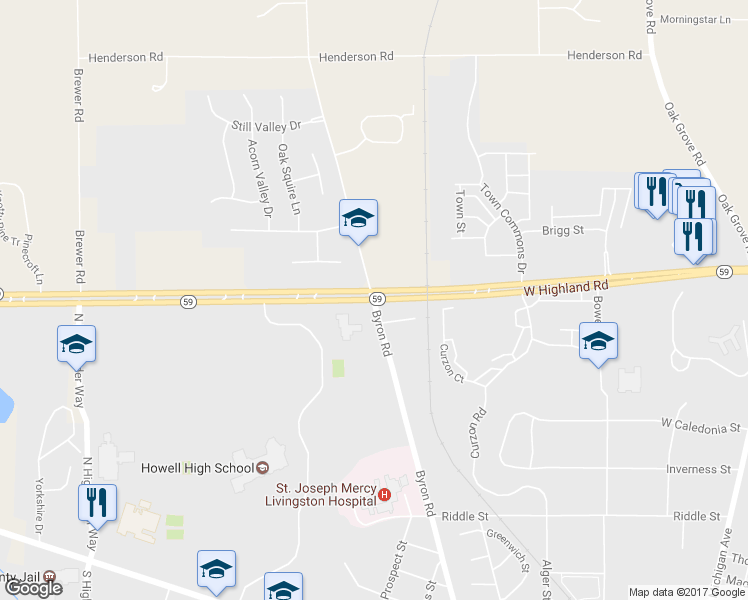 map of restaurants, bars, coffee shops, grocery stores, and more near 1499 Byron Road in Howell
