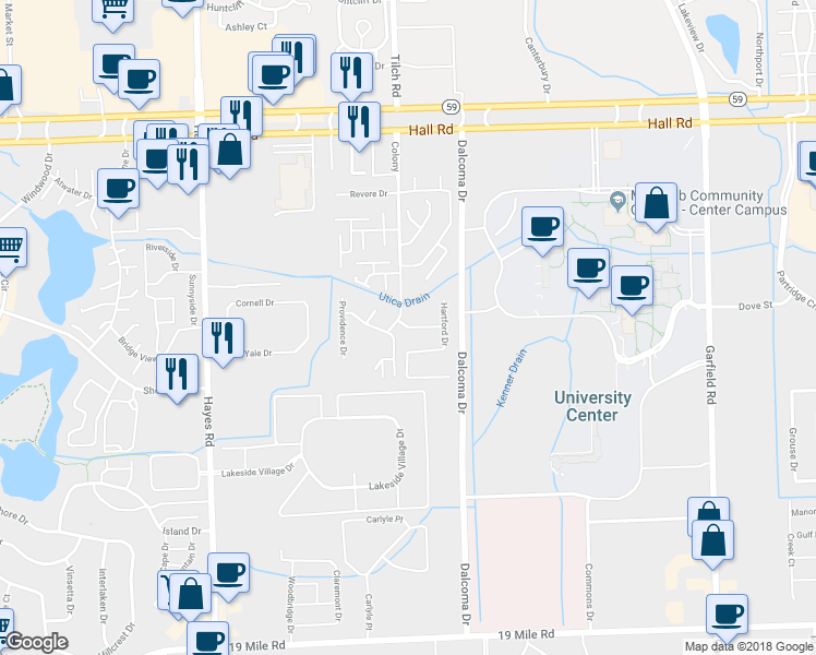 map of restaurants, bars, coffee shops, grocery stores, and more near 15905 New Bedford Drive in Charter Township of Clinton
