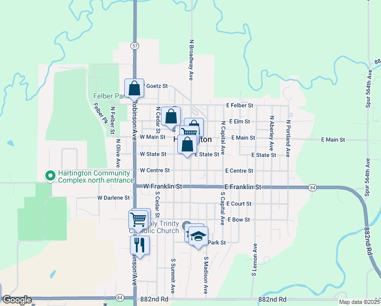 map of restaurants, bars, coffee shops, grocery stores, and more near 202 North Broadway Avenue in Hartington