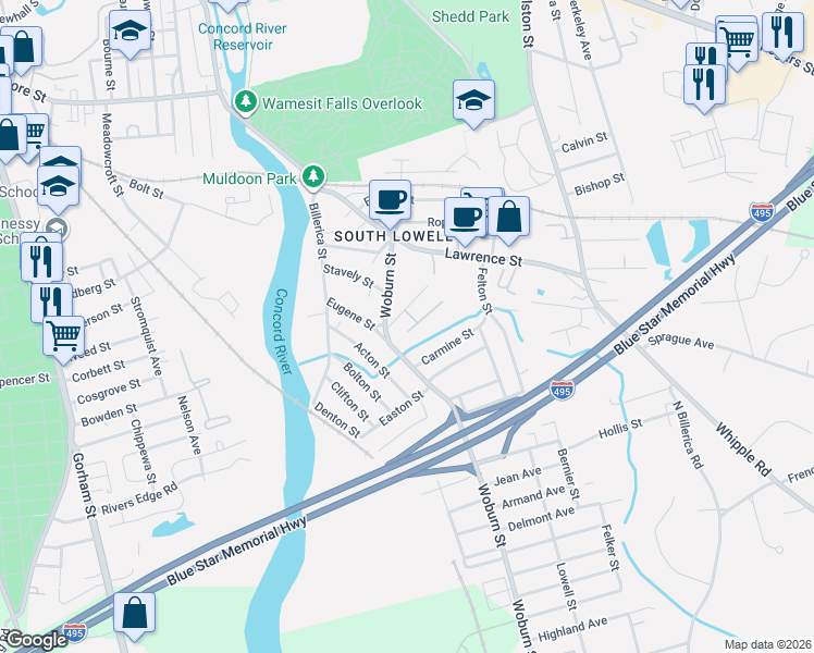 map of restaurants, bars, coffee shops, grocery stores, and more near 25 Juniper Street in Lowell