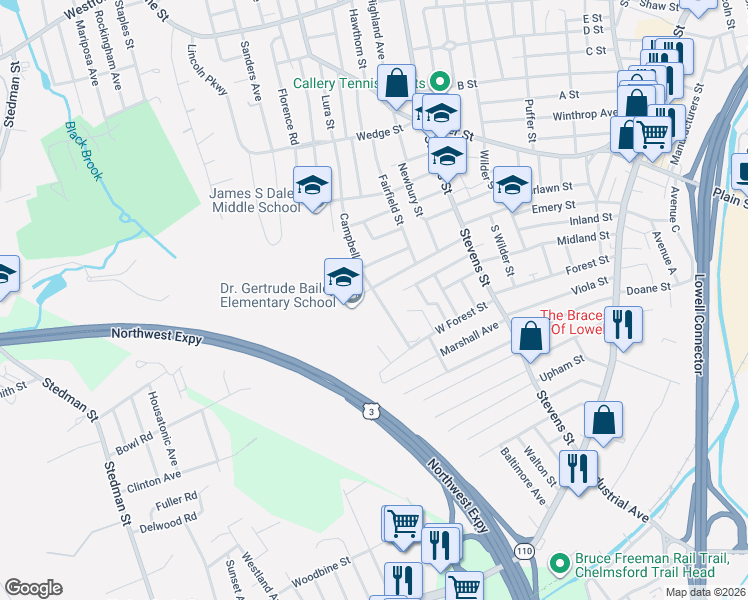 map of restaurants, bars, coffee shops, grocery stores, and more near 211 Campbell Drive in Lowell