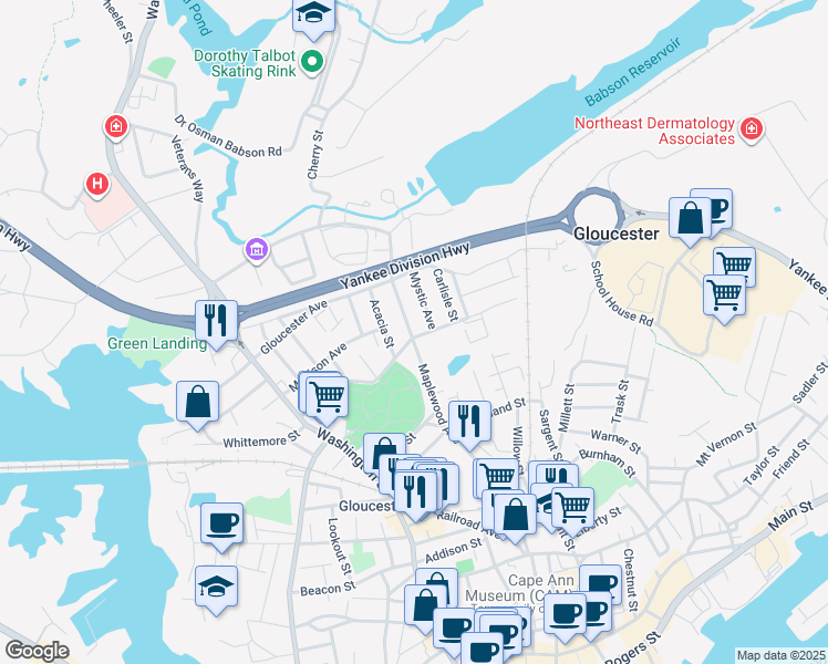map of restaurants, bars, coffee shops, grocery stores, and more near 101 Maplewood Avenue in Gloucester
