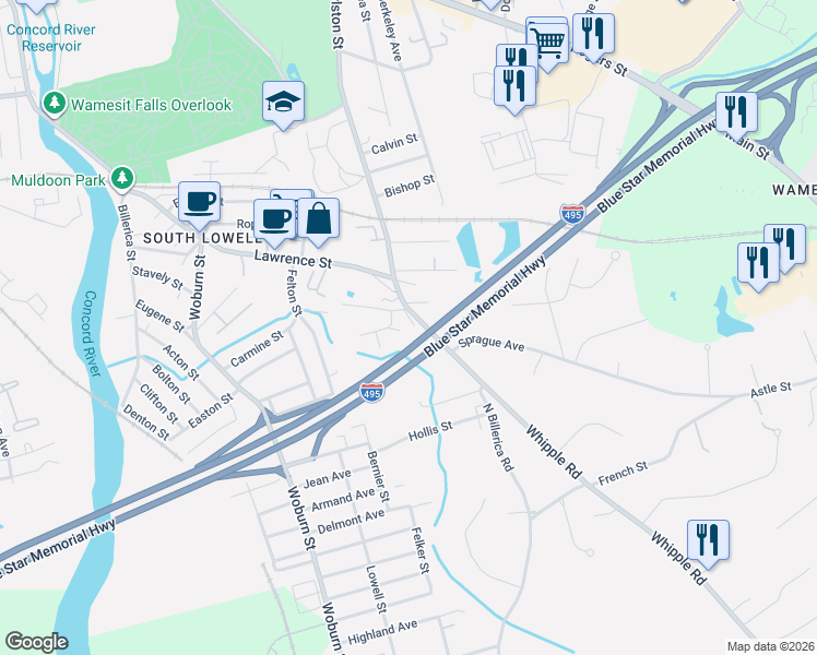 map of restaurants, bars, coffee shops, grocery stores, and more near 9 Boylston Lane in Lowell