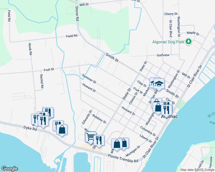map of restaurants, bars, coffee shops, grocery stores, and more near 1045 Summer Street in Algonac
