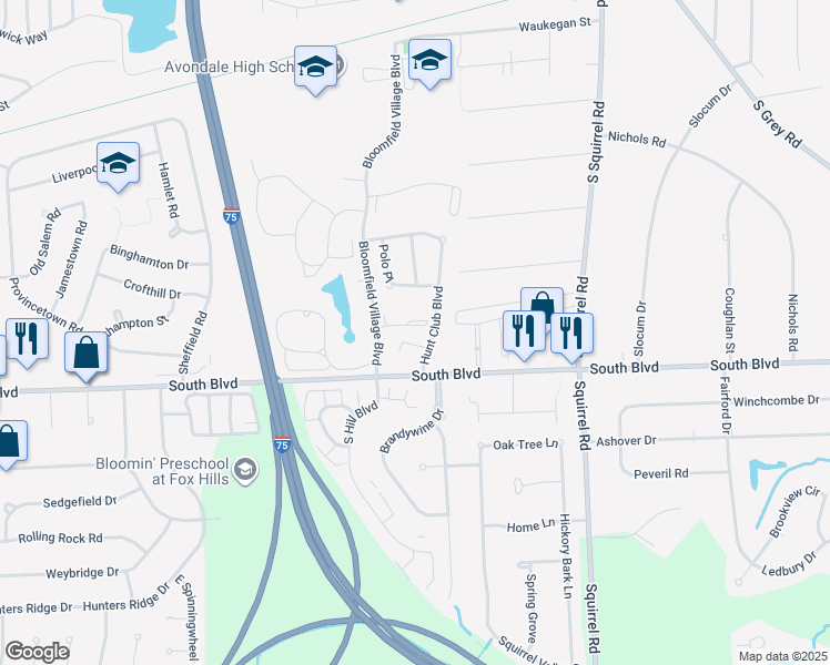 map of restaurants, bars, coffee shops, grocery stores, and more near 2847 Horseshoe Court in Auburn Hills