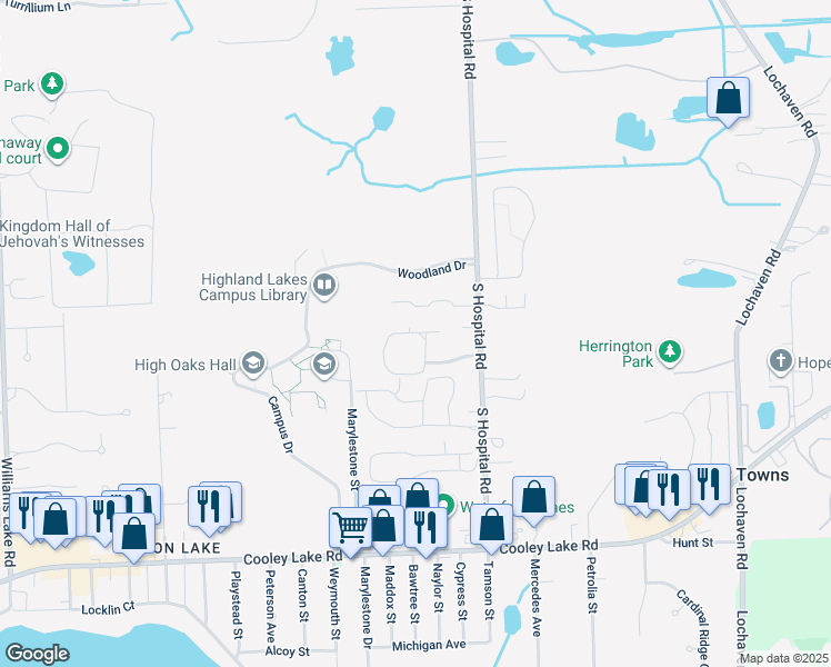map of restaurants, bars, coffee shops, grocery stores, and more near 7035 Round Hill Drive in Waterford charter Township