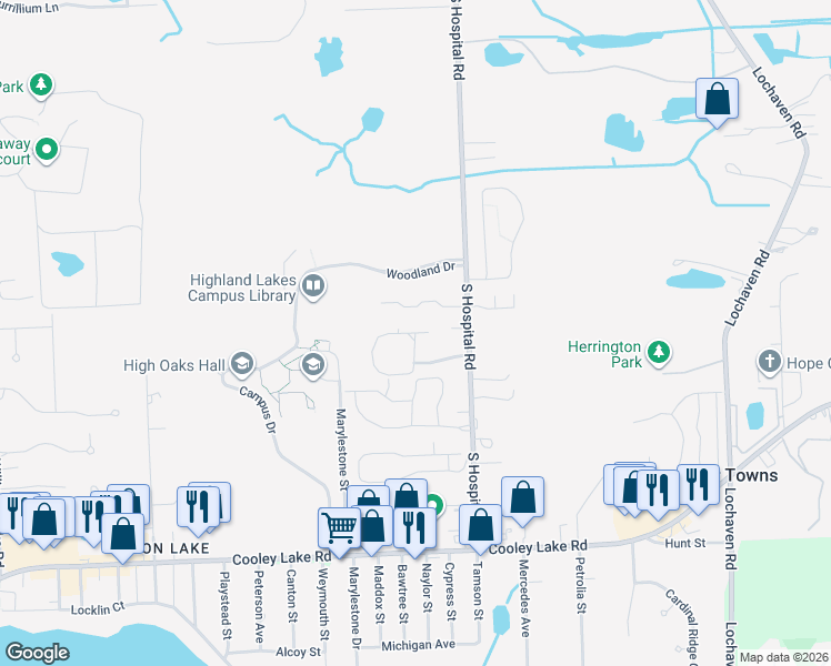 map of restaurants, bars, coffee shops, grocery stores, and more near 7003 Round Hill Drive in Waterford Township