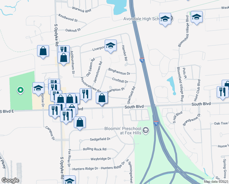 map of restaurants, bars, coffee shops, grocery stores, and more near 860 Provincetown Road in Auburn Hills