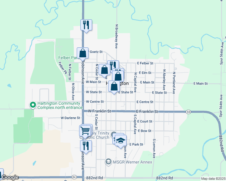map of restaurants, bars, coffee shops, grocery stores, and more near 202 North Broadway Avenue in Hartington