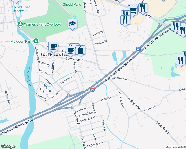map of restaurants, bars, coffee shops, grocery stores, and more near 9 Boylston Lane in Lowell