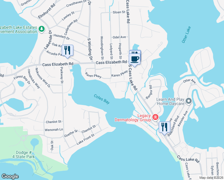 map of restaurants, bars, coffee shops, grocery stores, and more near 3621 Karen Parkway in Waterford Township