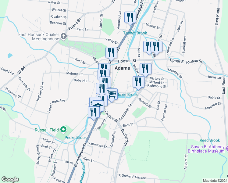 map of restaurants, bars, coffee shops, grocery stores, and more near Armory Court in Adams
