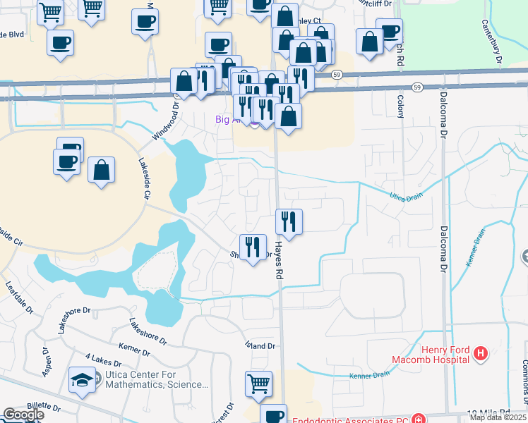 map of restaurants, bars, coffee shops, grocery stores, and more near 44385 Sunnyside Drive in Sterling Heights