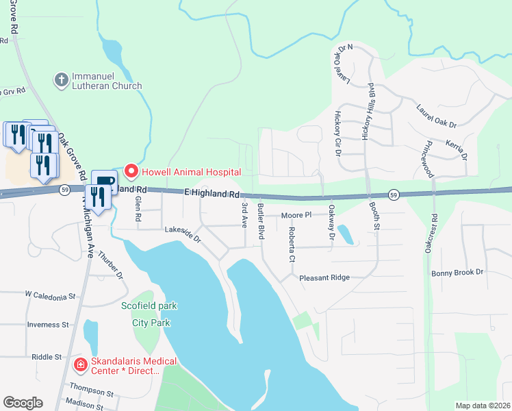 map of restaurants, bars, coffee shops, grocery stores, and more near 1537 Joe Richards Drive in Howell