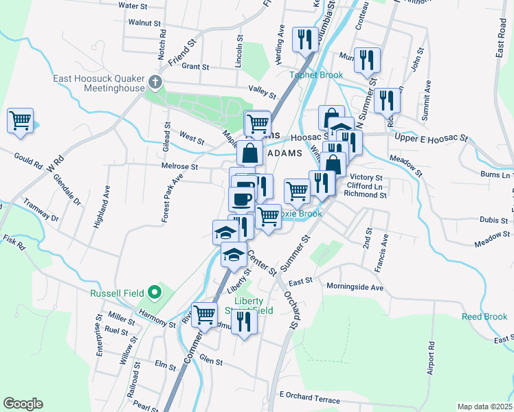 map of restaurants, bars, coffee shops, grocery stores, and more near Armory Ct in Adams