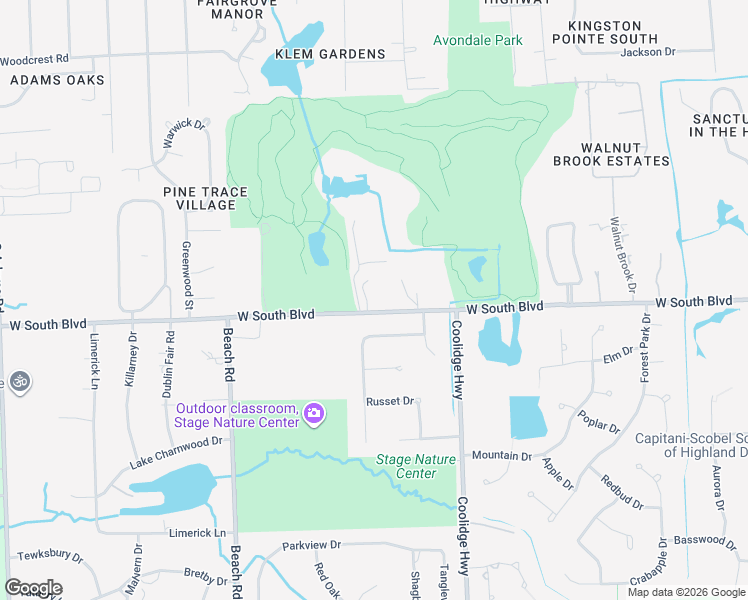 map of restaurants, bars, coffee shops, grocery stores, and more near 3070 West South Boulevard in Rochester Hills