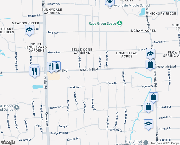 map of restaurants, bars, coffee shops, grocery stores, and more near 1570 West South Boulevard in Rochester Hills