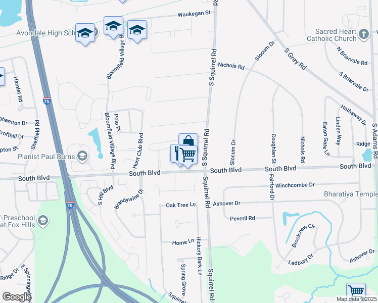 map of restaurants, bars, coffee shops, grocery stores, and more near 3210 Bloomfield Lane in Auburn Hills