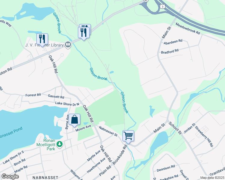 map of restaurants, bars, coffee shops, grocery stores, and more near 17 Links Road in Westford