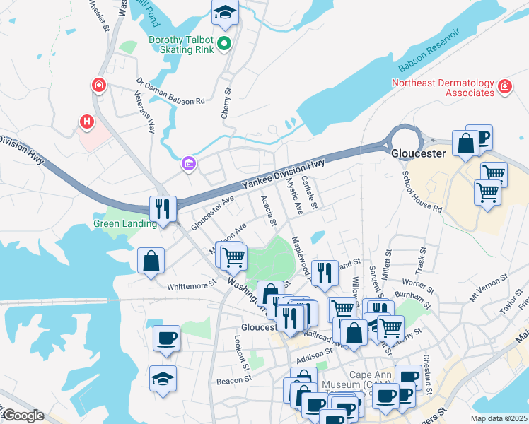 map of restaurants, bars, coffee shops, grocery stores, and more near 126 Maplewood Avenue in Gloucester