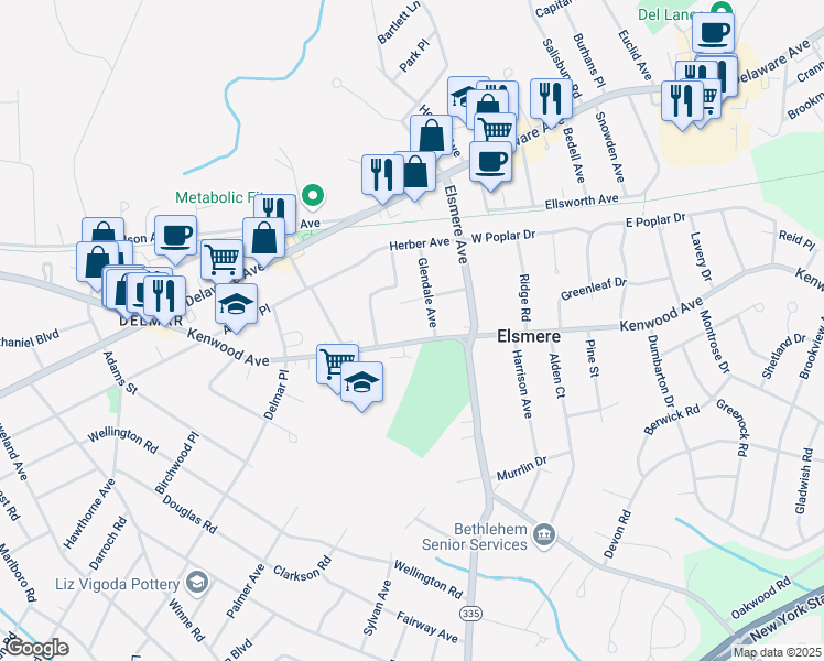 map of restaurants, bars, coffee shops, grocery stores, and more near 11 Glendale Avenue in Delmar