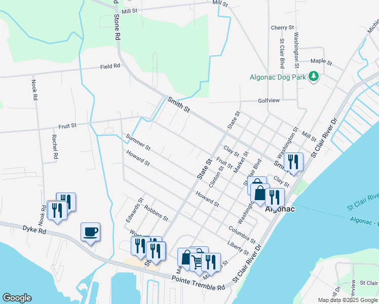 map of restaurants, bars, coffee shops, grocery stores, and more near 1101 Fruit Street in Algonac