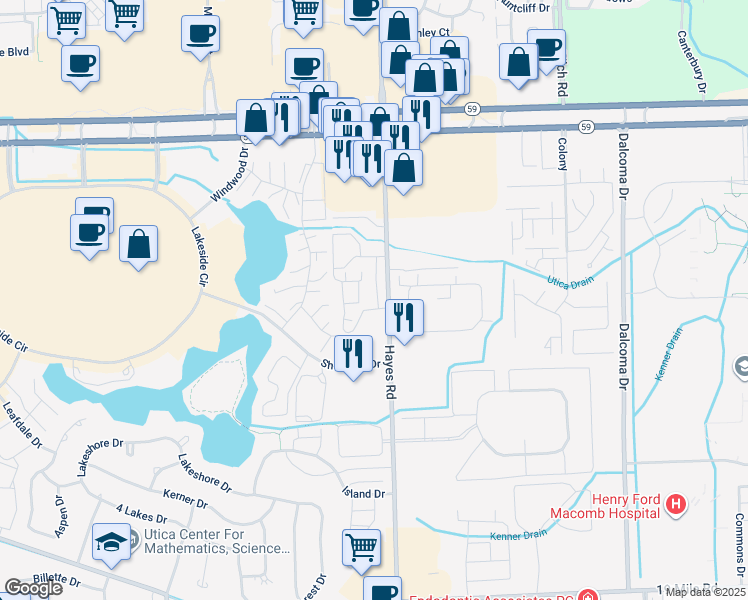 map of restaurants, bars, coffee shops, grocery stores, and more near 44385 Sunnyside Drive in Sterling Heights