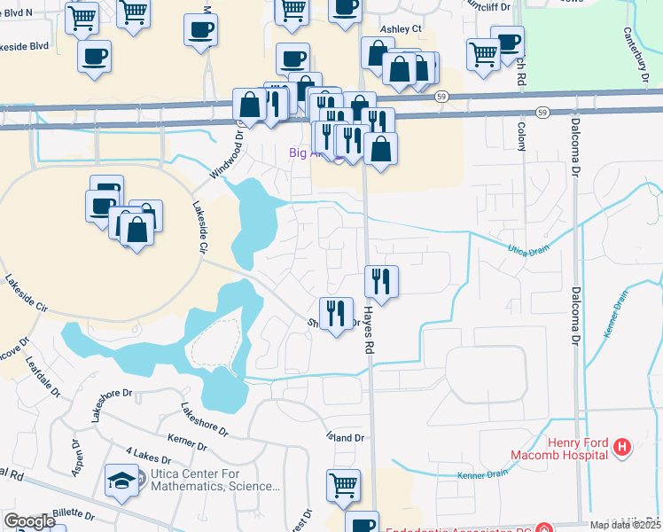 map of restaurants, bars, coffee shops, grocery stores, and more near 44370 Pine Drive in Sterling Heights