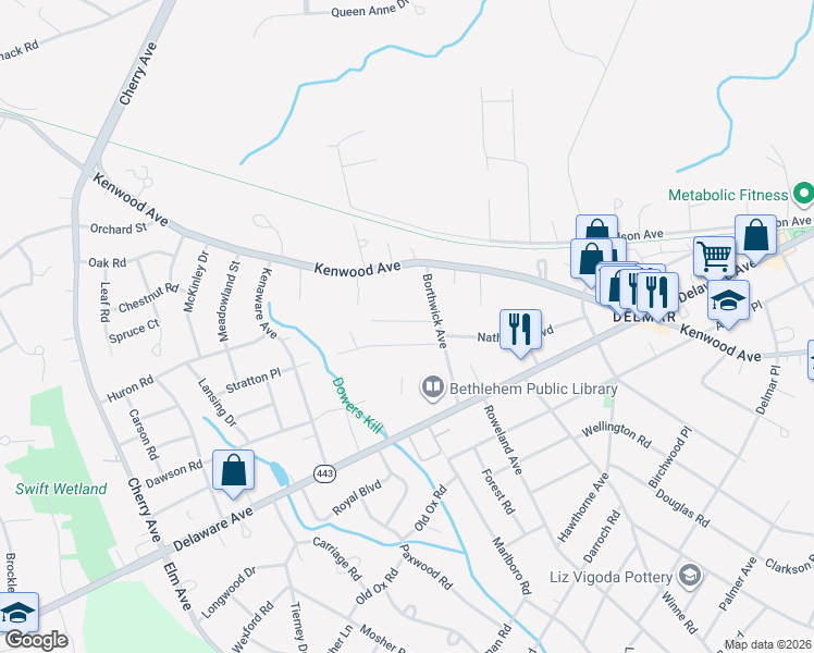 map of restaurants, bars, coffee shops, grocery stores, and more near 16 McMillen Place in Delmar