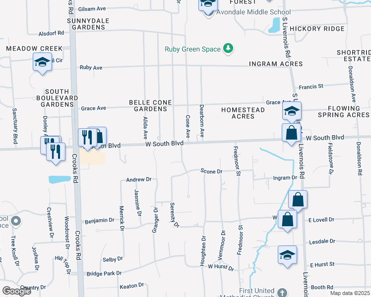 map of restaurants, bars, coffee shops, grocery stores, and more near 3945 Cone Avenue in Rochester Hills
