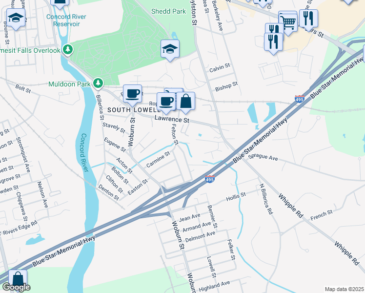 map of restaurants, bars, coffee shops, grocery stores, and more near 189 Circuit Avenue in Lowell