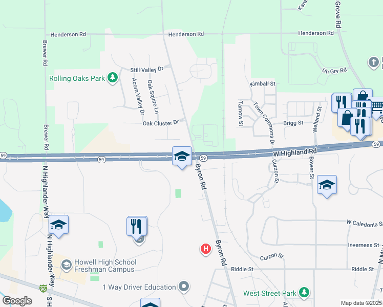 map of restaurants, bars, coffee shops, grocery stores, and more near 1000 West Highland Road in Howell