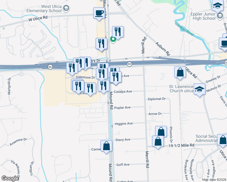 map of restaurants, bars, coffee shops, grocery stores, and more near 44635 Mound Rd in Sterling Heights
