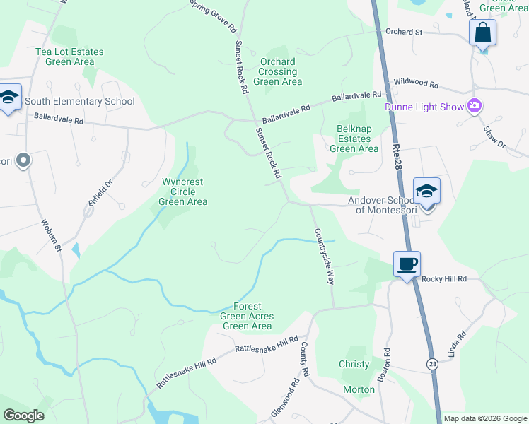 map of restaurants, bars, coffee shops, grocery stores, and more near 101 Sunset Rock Road in Andover