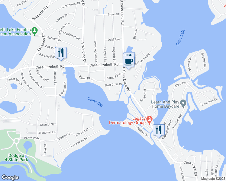 map of restaurants, bars, coffee shops, grocery stores, and more near 3529 Port Cove Drive in Waterford Township