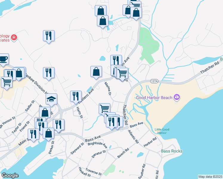 map of restaurants, bars, coffee shops, grocery stores, and more near 127 Eastern Avenue in Gloucester