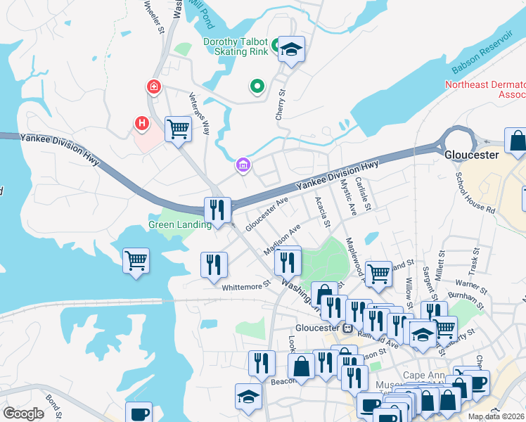 map of restaurants, bars, coffee shops, grocery stores, and more near 13 Bertoni Road in Gloucester