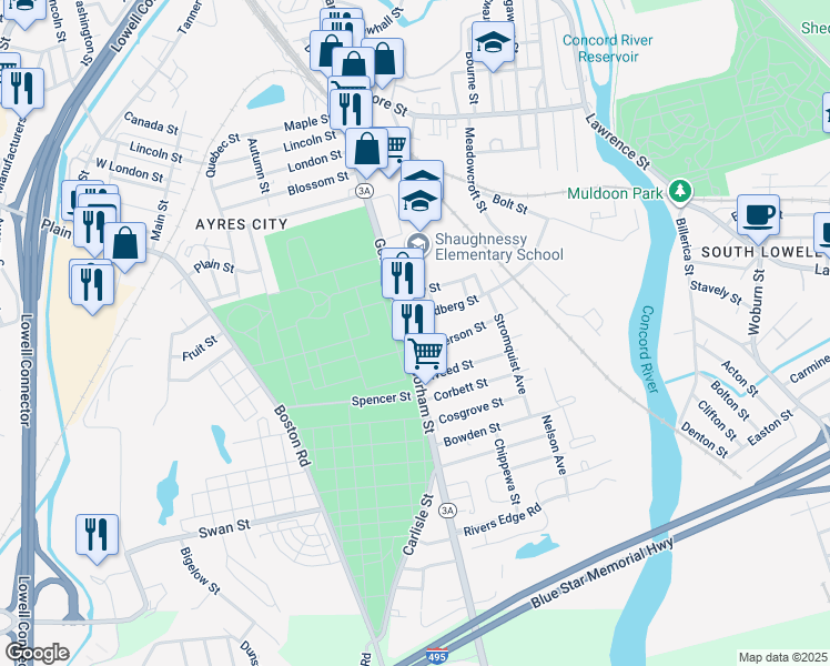 map of restaurants, bars, coffee shops, grocery stores, and more near 8 Lundberg Street in Lowell