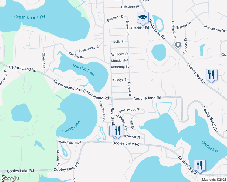 map of restaurants, bars, coffee shops, grocery stores, and more near 9199 Holmes Street in White Lake charter Township