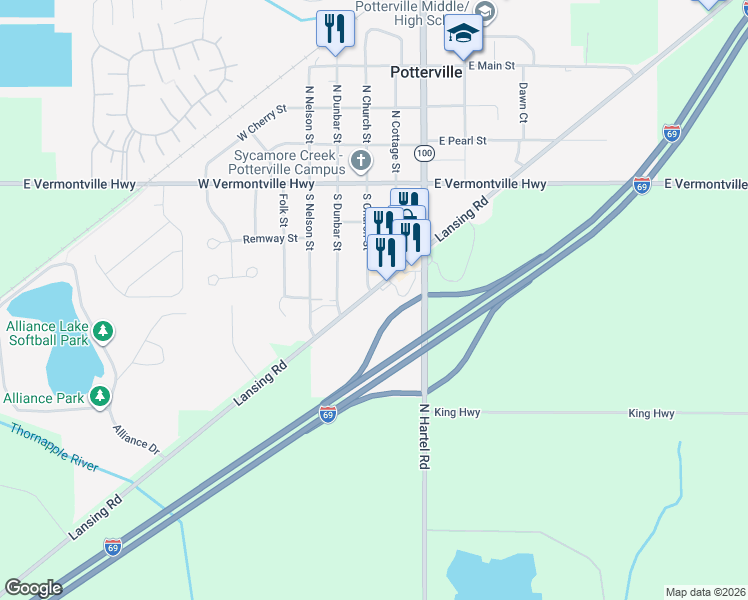 map of restaurants, bars, coffee shops, grocery stores, and more near 101-113 Lansing Road in Potterville