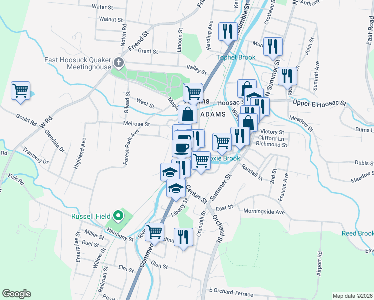 map of restaurants, bars, coffee shops, grocery stores, and more near 39 Park Street in Adams