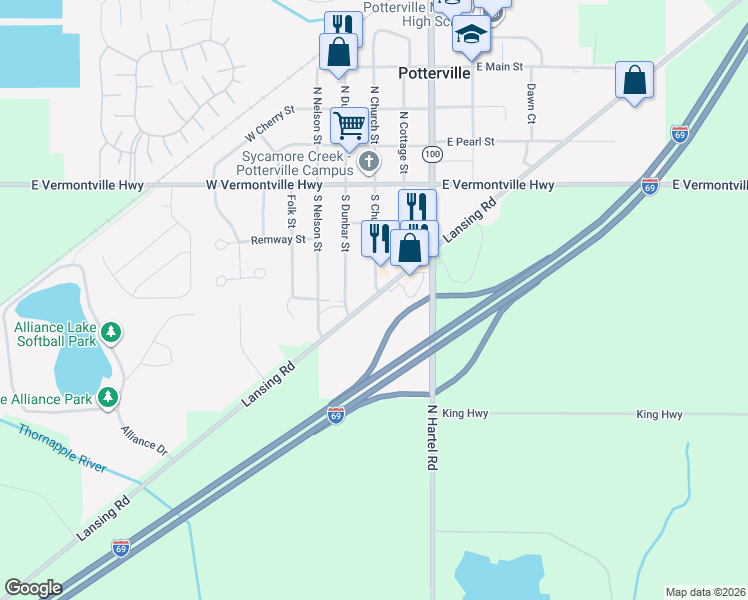 map of restaurants, bars, coffee shops, grocery stores, and more near 101 Lansing Road in Potterville