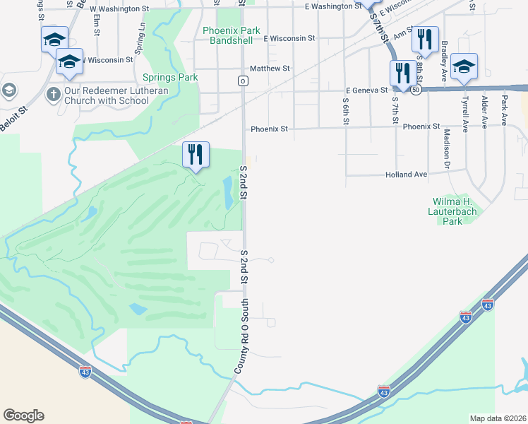 map of restaurants, bars, coffee shops, grocery stores, and more near 713-733 South 2nd Street in Delavan