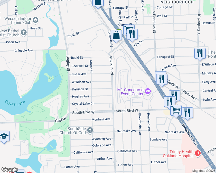 map of restaurants, bars, coffee shops, grocery stores, and more near 179 West Wilson Avenue in Pontiac