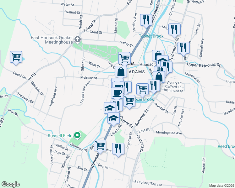 map of restaurants, bars, coffee shops, grocery stores, and more near 39 Park Street in Adams