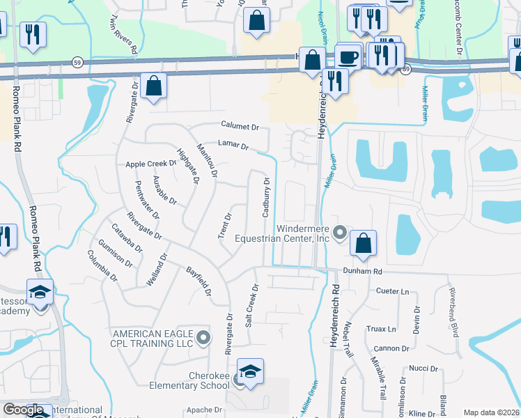 map of restaurants, bars, coffee shops, grocery stores, and more near 44240 Cadburry Drive in Clinton Township
