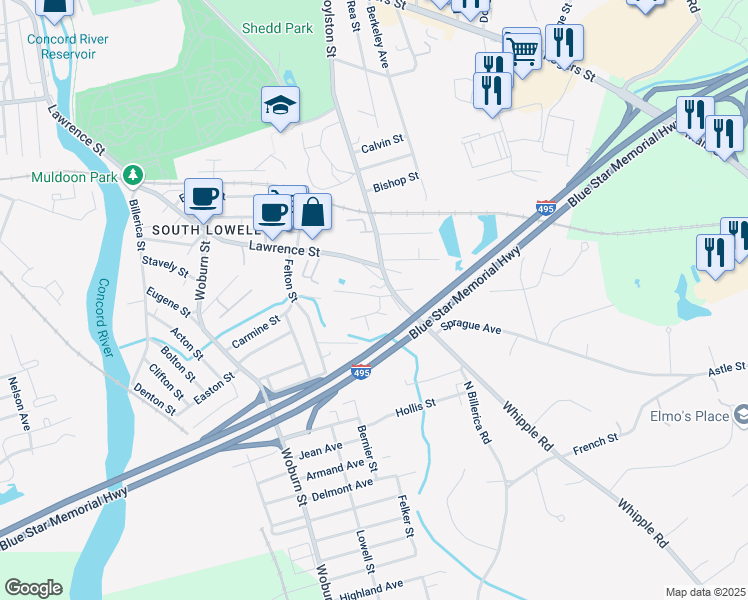 map of restaurants, bars, coffee shops, grocery stores, and more near 33 Boylston Lane in Lowell
